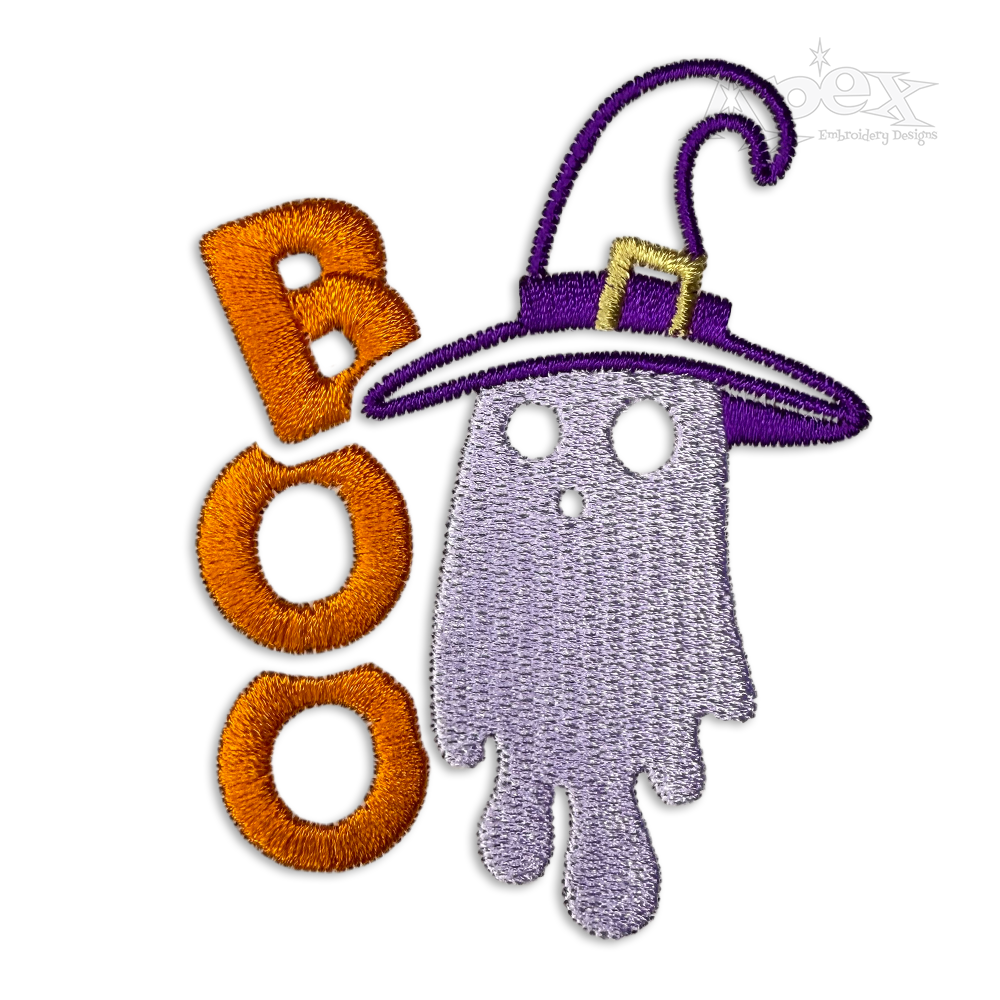Boo Word Art Ghost with Witch Hat Machine Embroidery Design