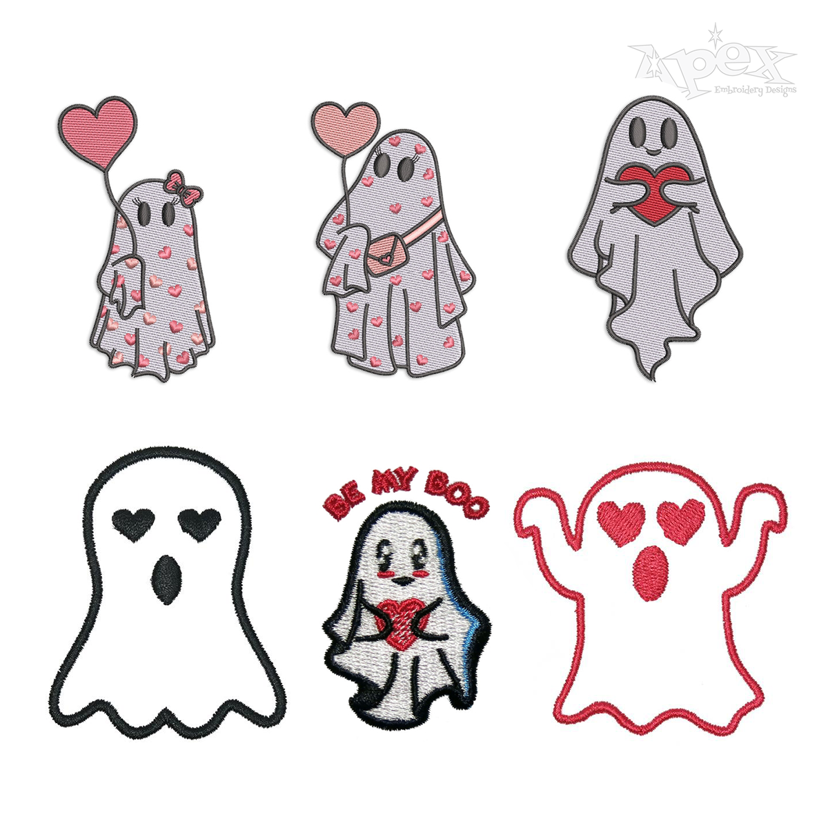Halloween Heart Love Ghost Machine Embroidery Designs by Apex Digitizing