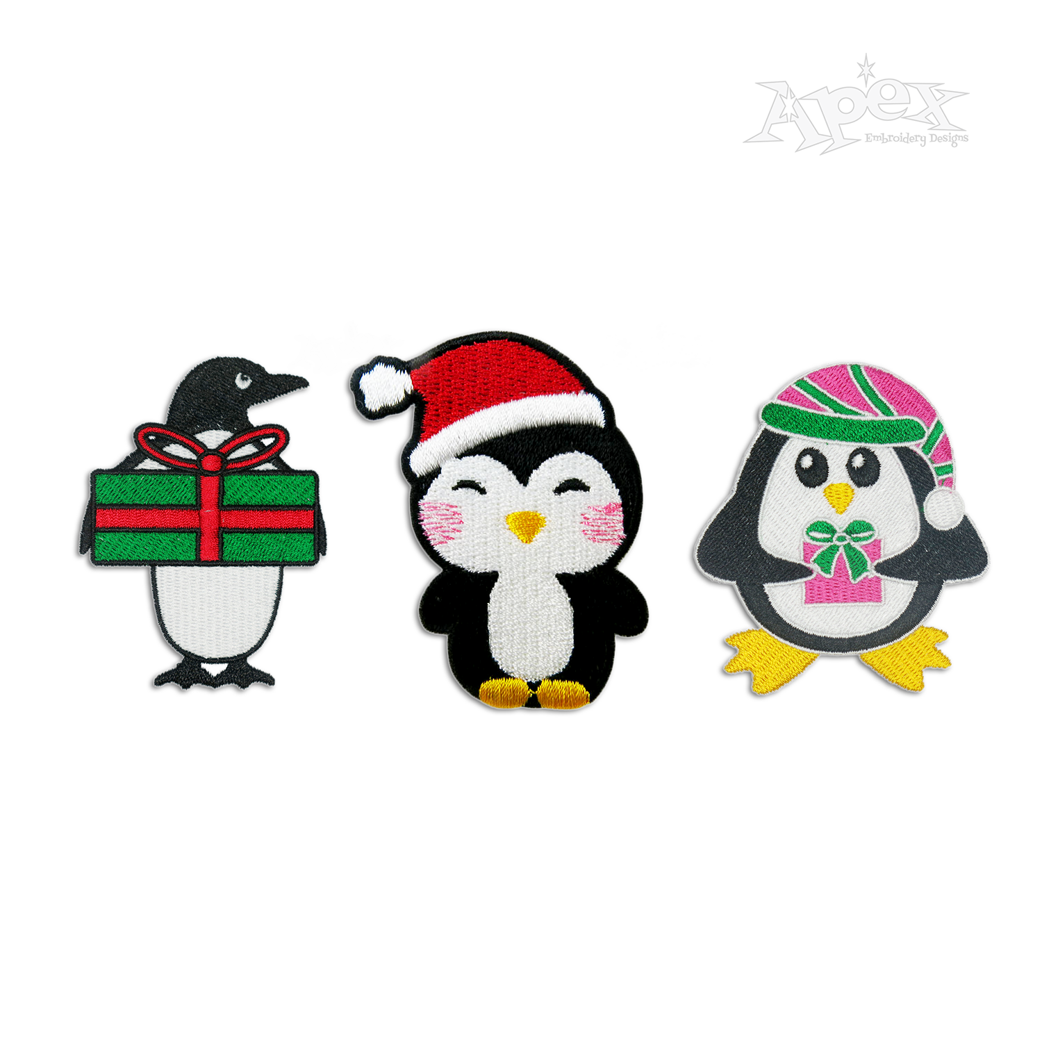 Christmas Penguin with Santa Hat Present Embroidery Designs Apex all